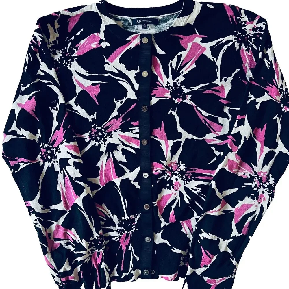 AK ANNE KLEIN Womens Cardigan Sweater M Silk blend Long Sleeve Floral Black Pink